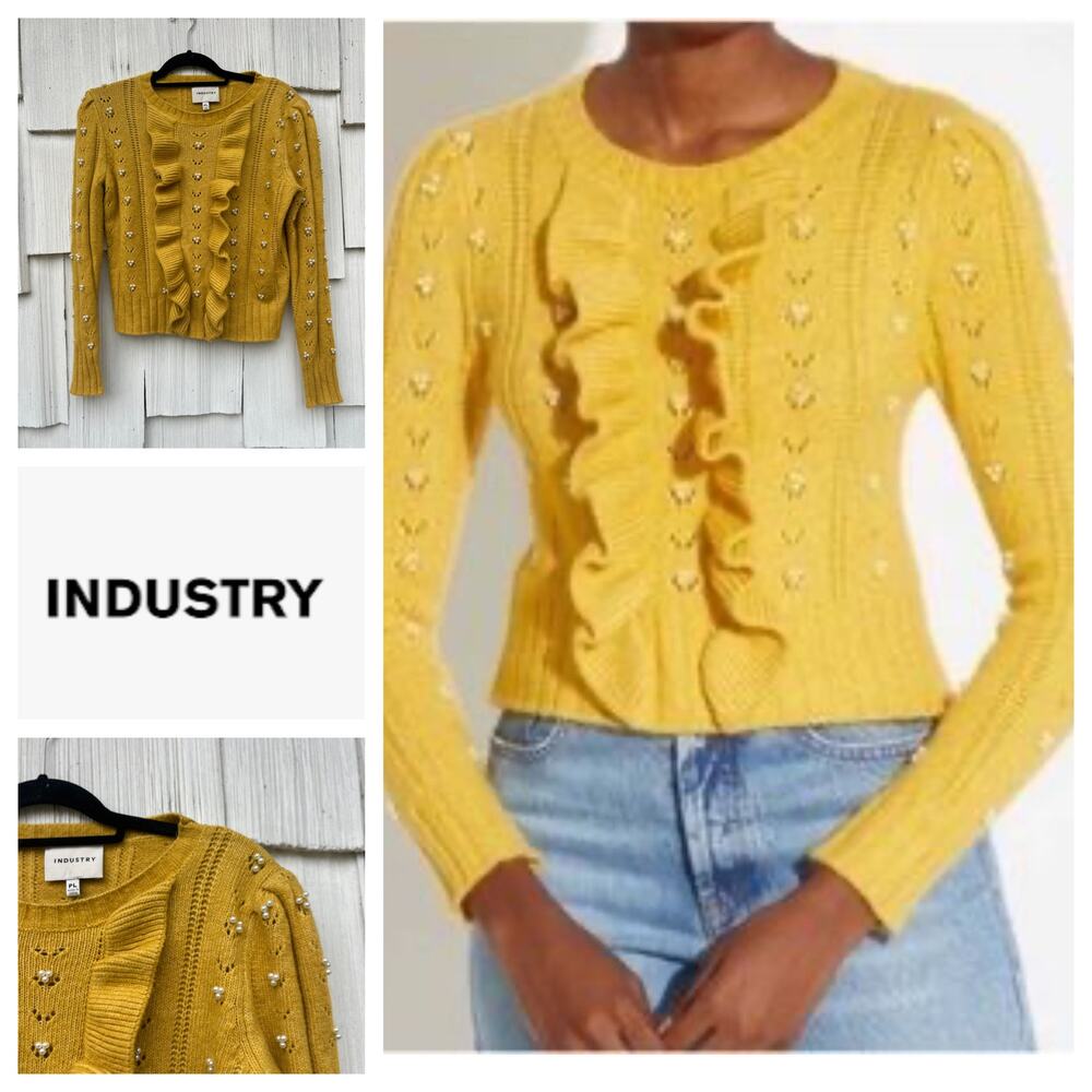 Industry‎ Mustard Yellow Ruffle Front Pointelle Pearl Accent Pullover Sweater PL